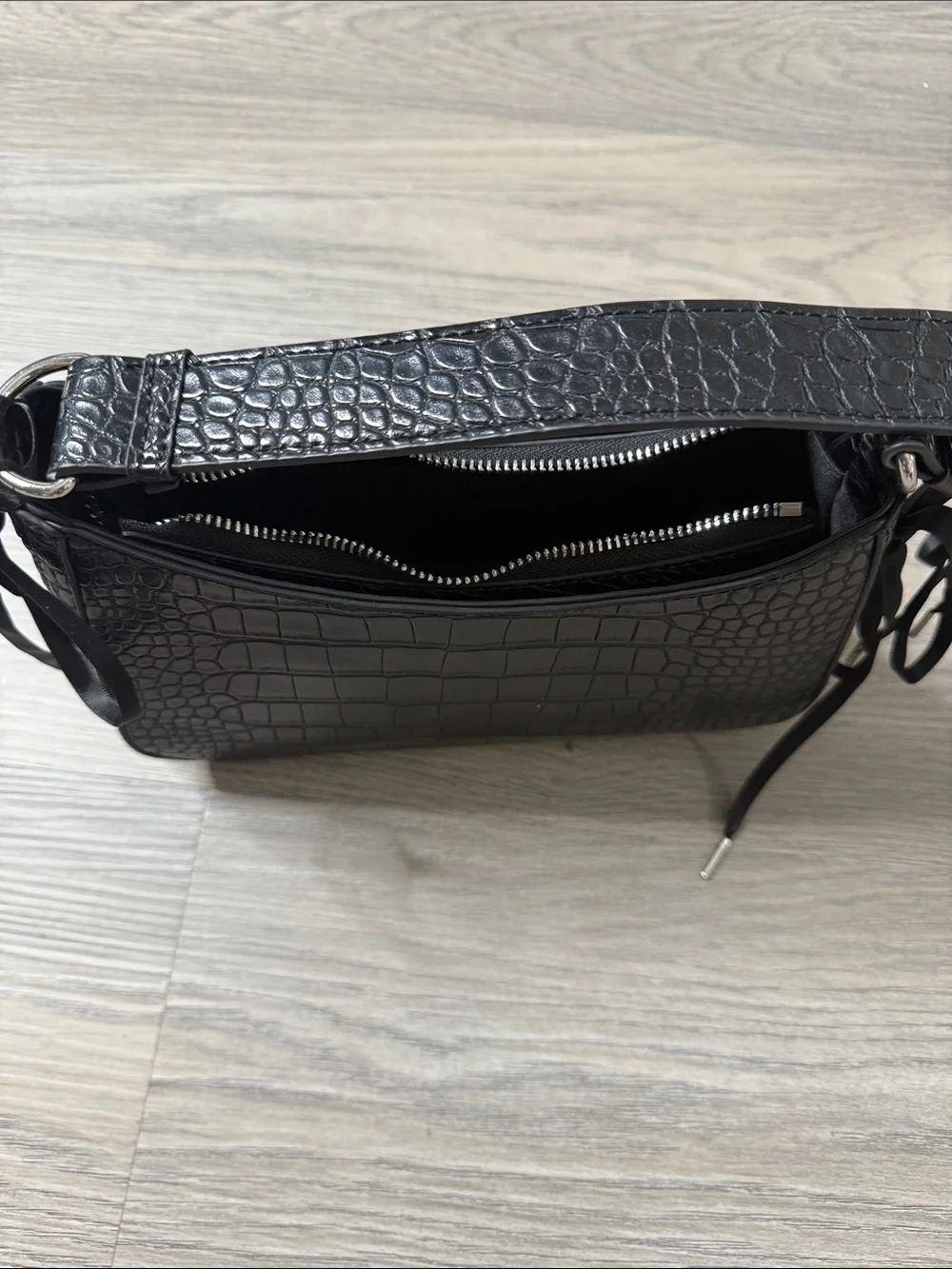 Croc-Embossed Black Shoulder Bag with Ribbon Tie Details